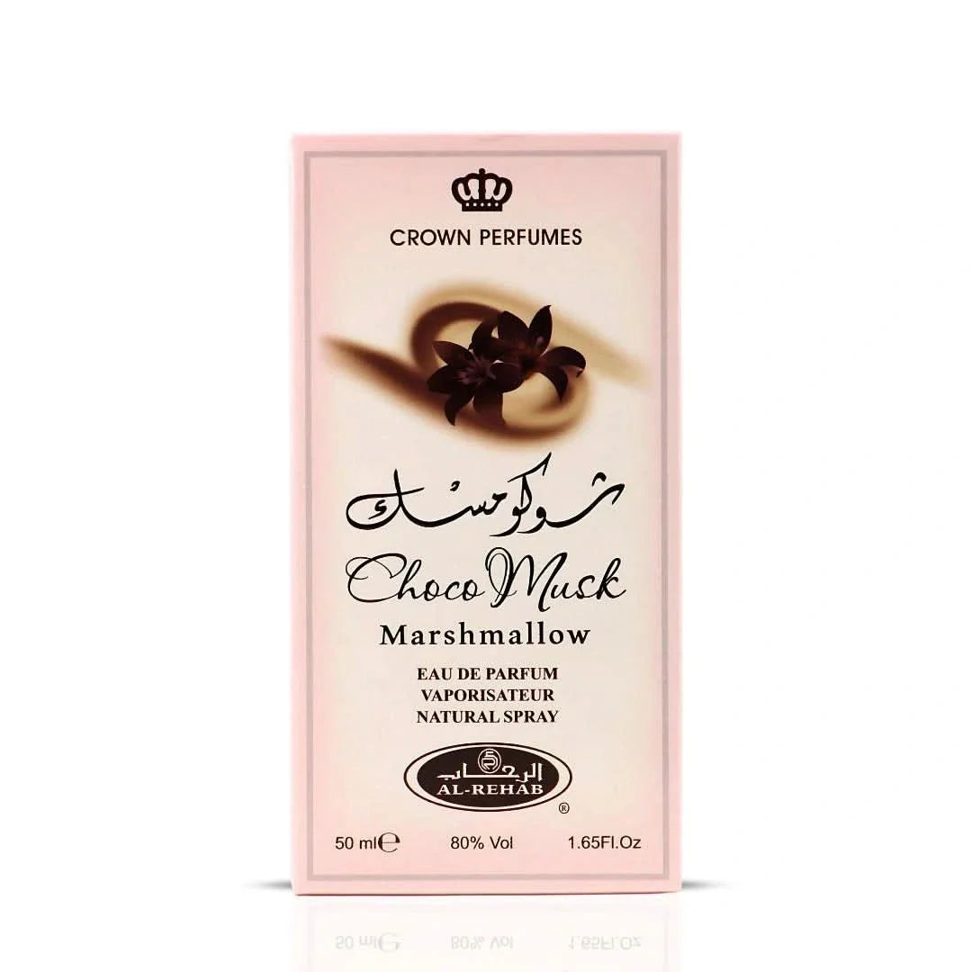 Al Rehab Choco Musk Marshmallow Eau De Parfum Spray 50ml, featuring a sleek bottle with chocolate and marshmallow scent notes.