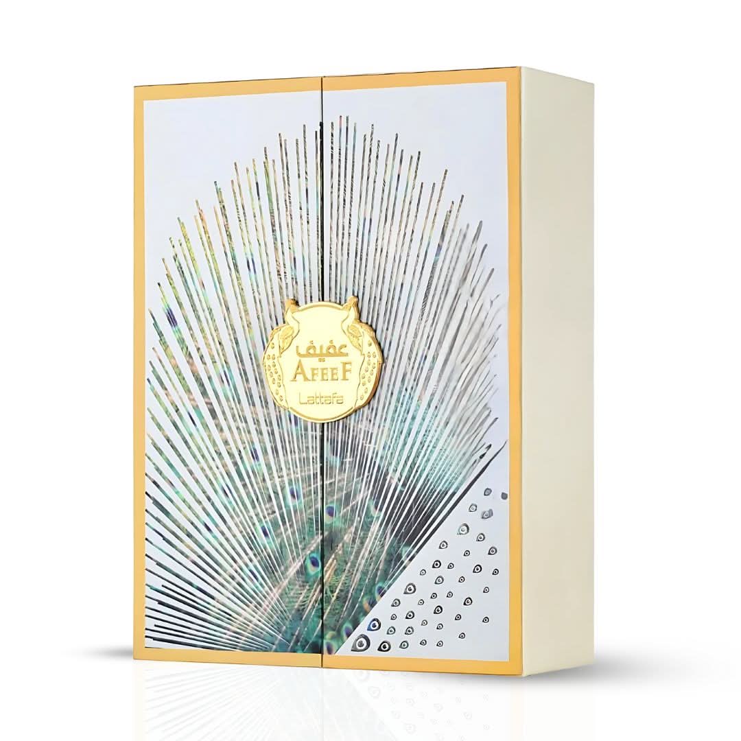 Afeef Eau de Parfum Spray by Lattafa, 100ml bottle, elegant packaging, showcasing the fragrance for men and women.