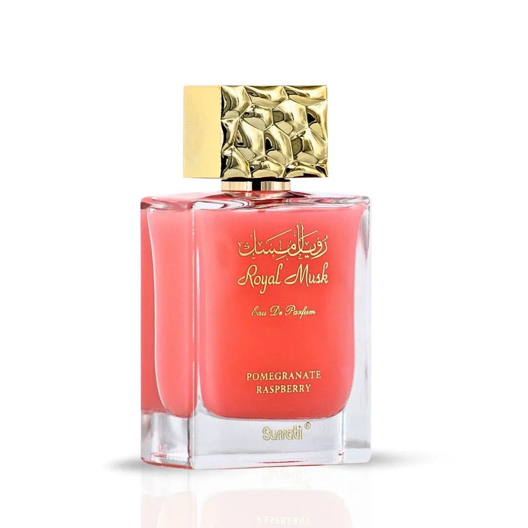 Surrati Royal Musk Pomegranate Raspberry Eau de Parfum spray 100ml with elegant bottle and floral fruit-inspired design
