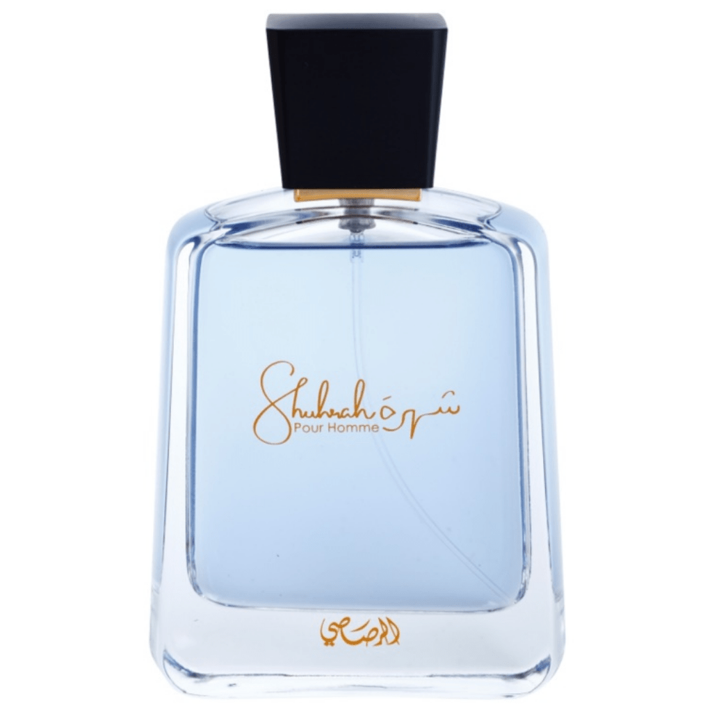 Rasasi Shuhrah Pour Homme Eau de Parfum spray 90ml, featuring the sleek bottle design and fragrance notes of men's EDP.