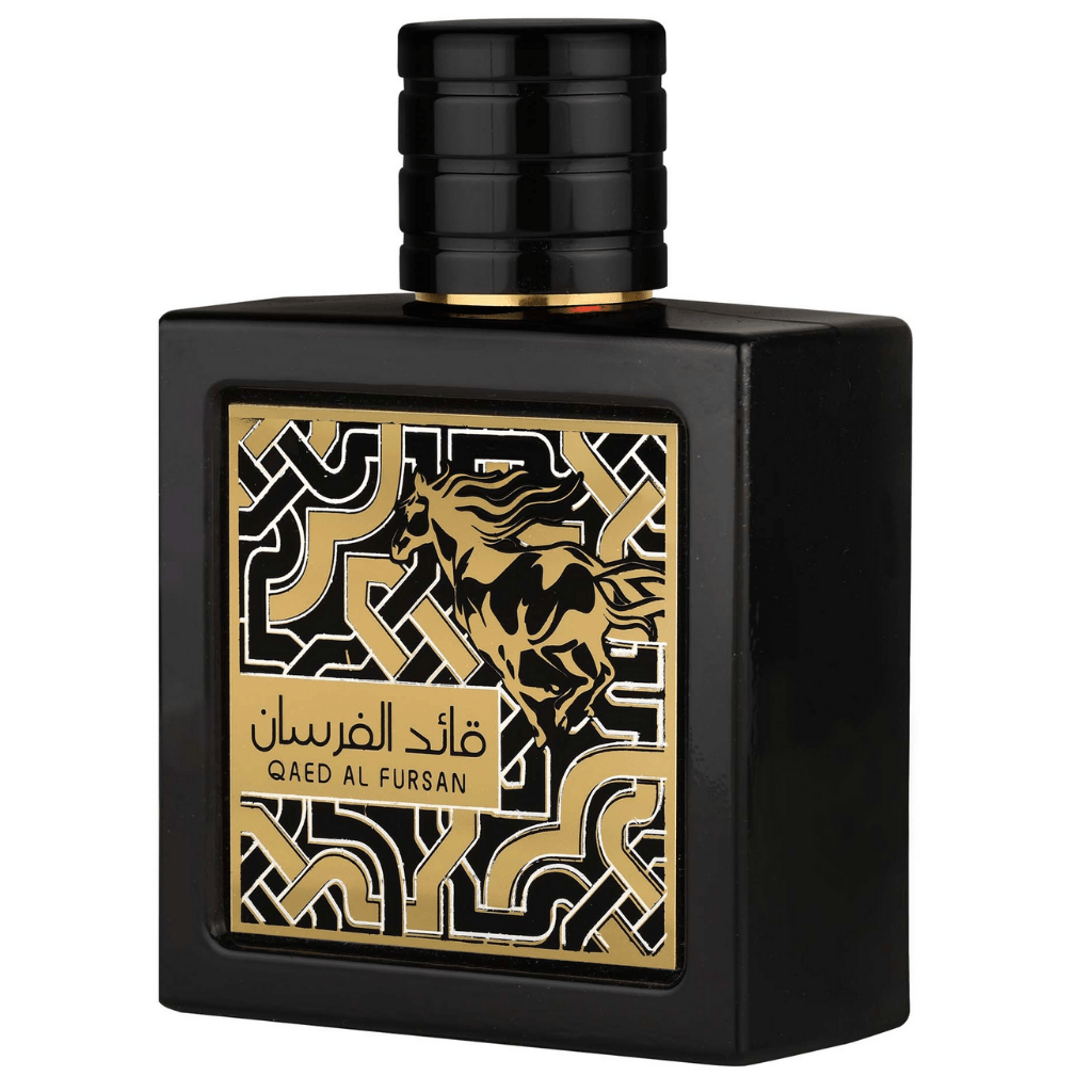 Qaed Al Fursan Eau de Parfum spray by Lattafa, 90ml bottle, elegant design, showcasing the perfume bottle with a gold cap.