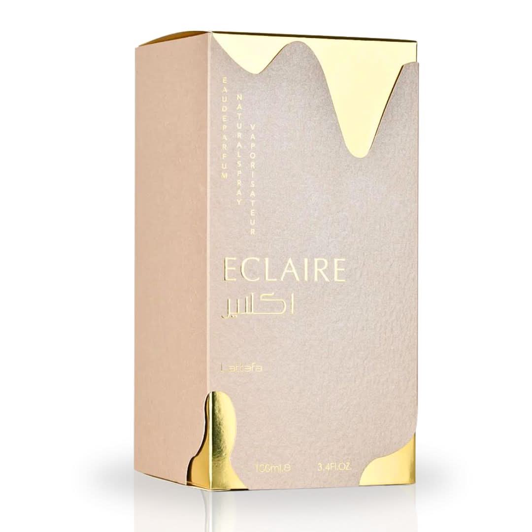 Lattafa Eclaire Eau de Parfum spray 100ml bottle, sleek design, elegant packaging, and fragrance details visible.