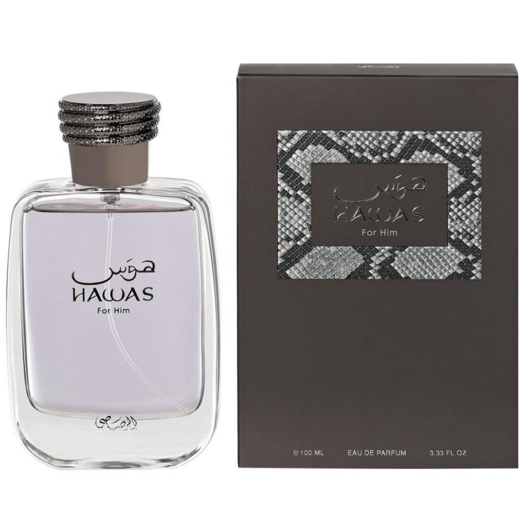 Rasasi Hawas for Men Eau de Parfum spray bottle, 100ml, with sleek packaging and fragrance details visible.