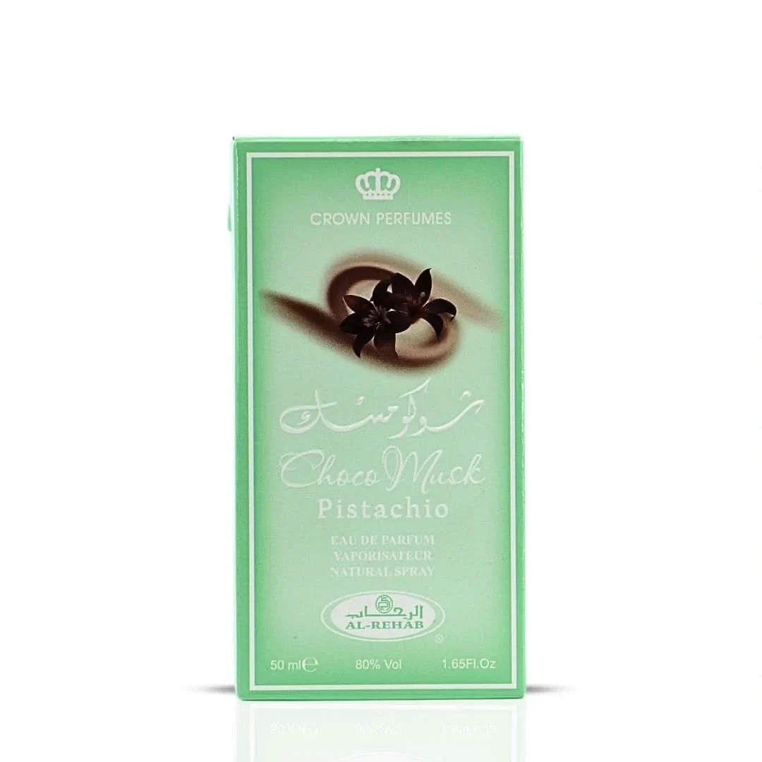 Al Rehab Choco Musk Pistachio Eau de Parfum spray bottle, 50ml, with elegant packaging and a luxurious scent.