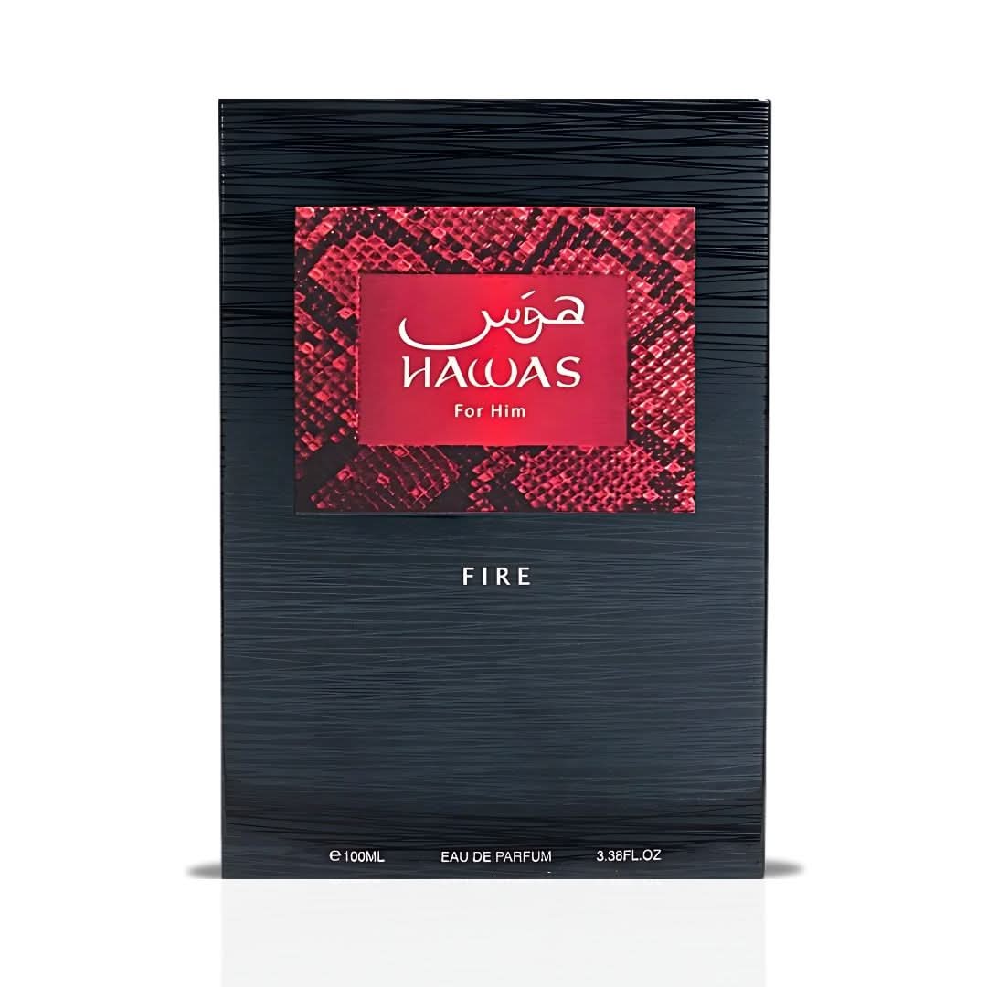 Rasasi Hawas Fire for Him Eau de Parfum spray bottle, 100ml, featuring sleek packaging with a modern fragrance design.