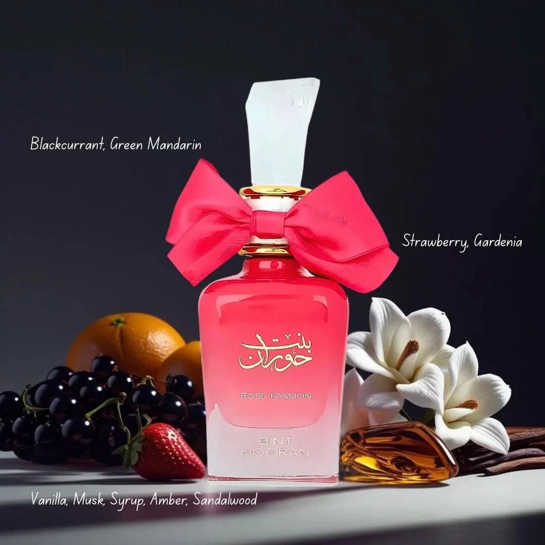 Bint Hooran Rose Passion Eau de Parfum spray by Ard Al Zaafaran, 100ml bottle, featuring floral rose scent with elegant packaging.