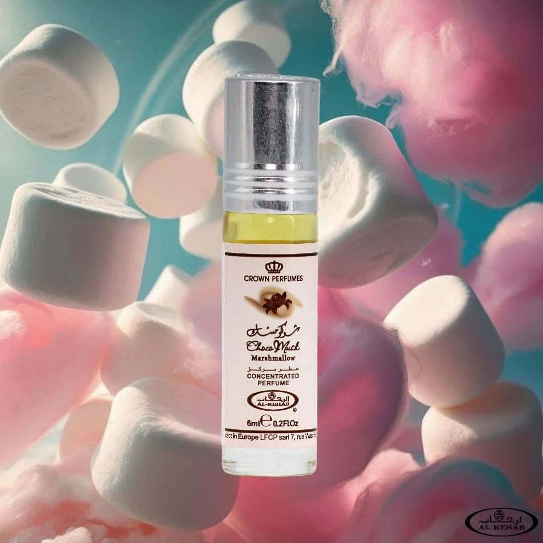 Bundle of Al Rehab Choco Musk, Marshmallow & Pistachio perfume oils in 6ml bottles, featuring rich, sweet, and nutty fragrance scents.