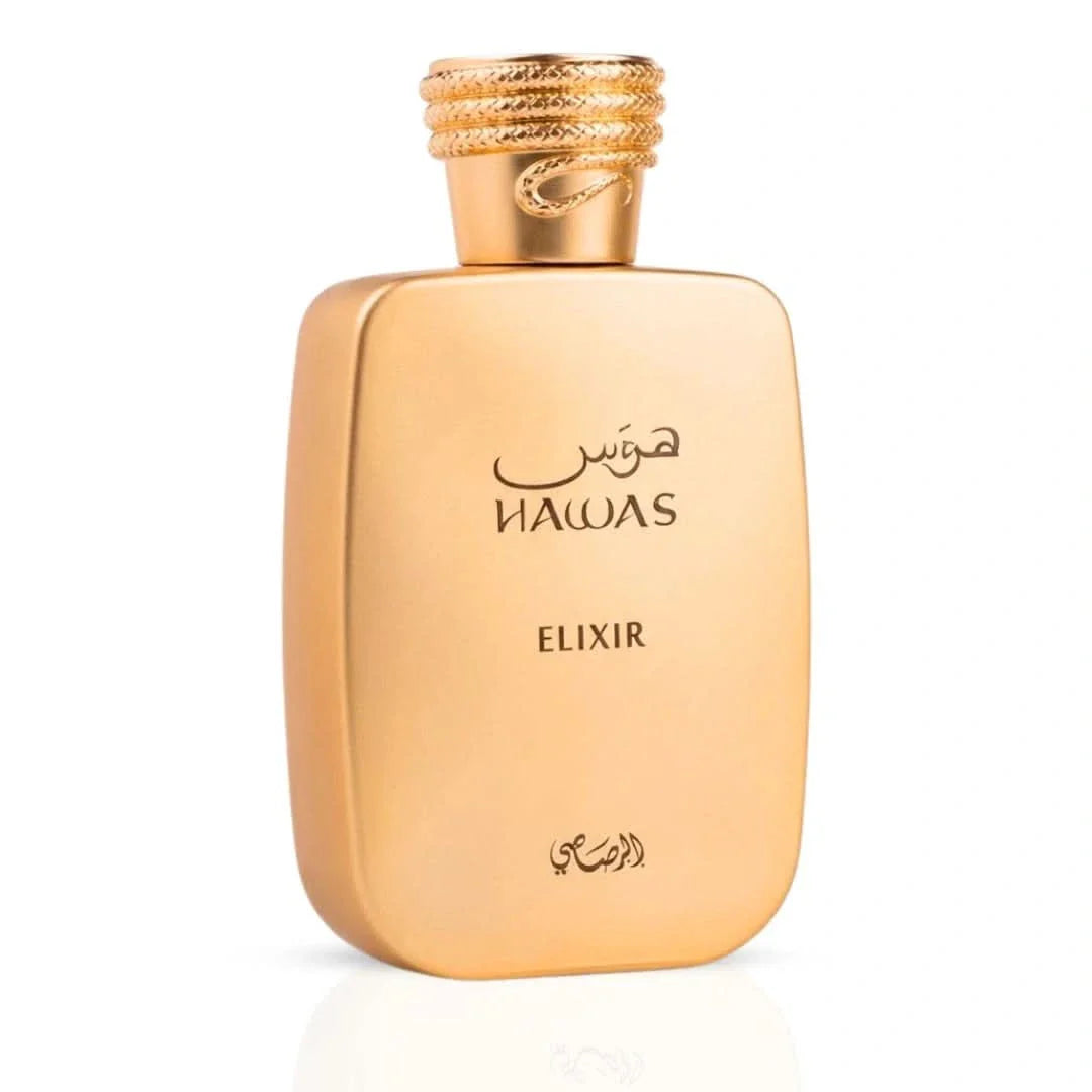 Rasasi Hawas Elixir Eau de Parfum spray 100ml, elegant bottle with luxurious design, suitable for men.