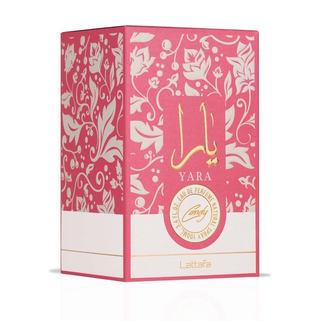 Lattafa Yara Candy Eau de Parfum spray 100ml bottle with elegant packaging, showcasing the fragrance design and branding.