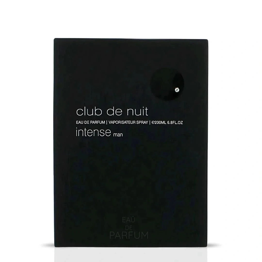 Armaf Club De Nuit Intense Man Eau de Parfum spray bottle, 200ml, with sleek black packaging and silver accents.