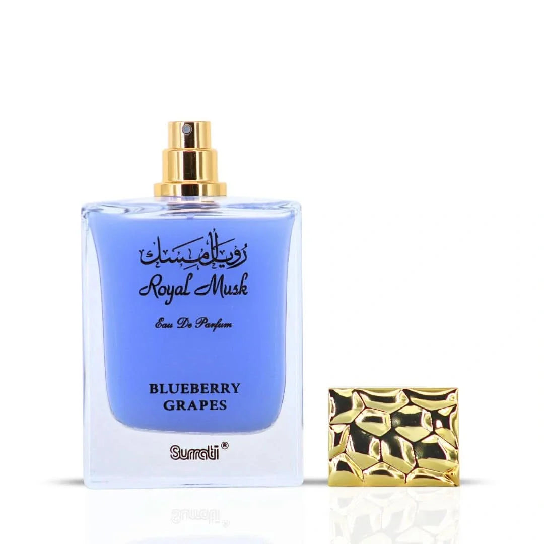 Surrati Royal Musk Blueberry Grapes Eau de Parfum spray bottle, 100ml, with elegant packaging and fragrance details visible.