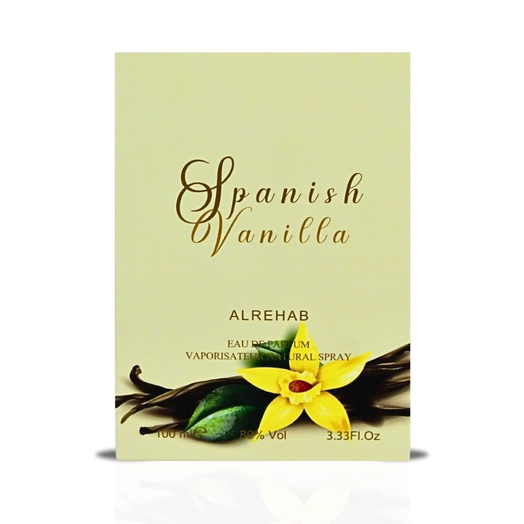 Spanish Vanilla Eau de Parfum spray by Al Rehab, 100ml bottle with elegant packaging and vanilla scent.