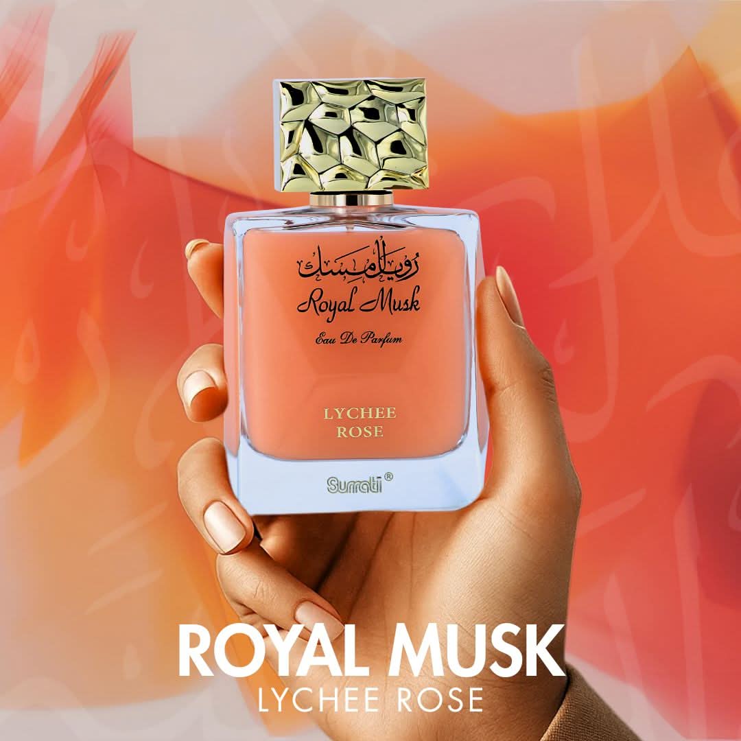 Surrati Royal Musk Lychee Rose Eau de Parfum spray bottle, 100ml, with elegant floral and musk fragrance packaging.