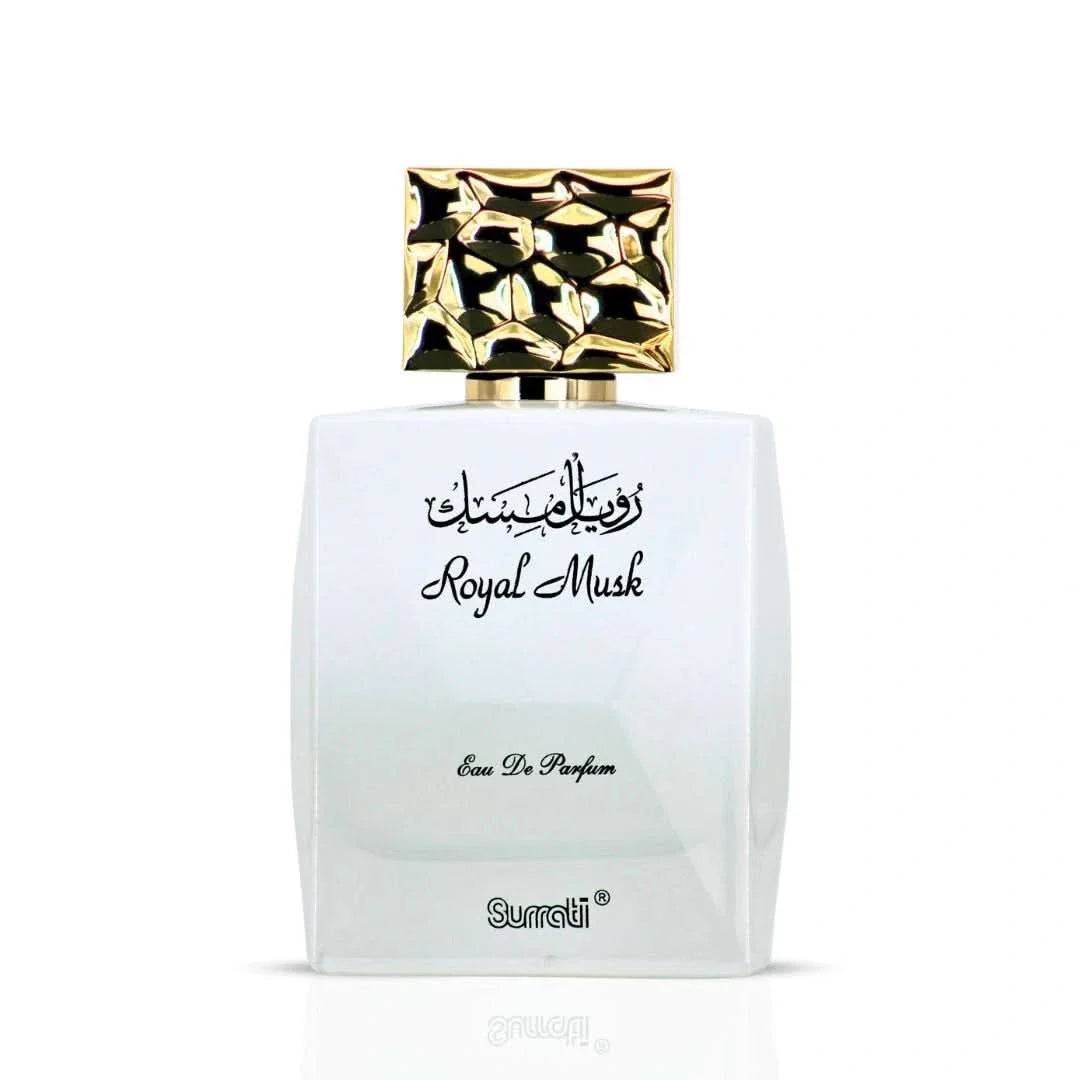 Surrati Royal Musk Eau de Parfum spray 100ml bottle with elegant design, showcasing the luxurious fragrance of musk and floral notes.