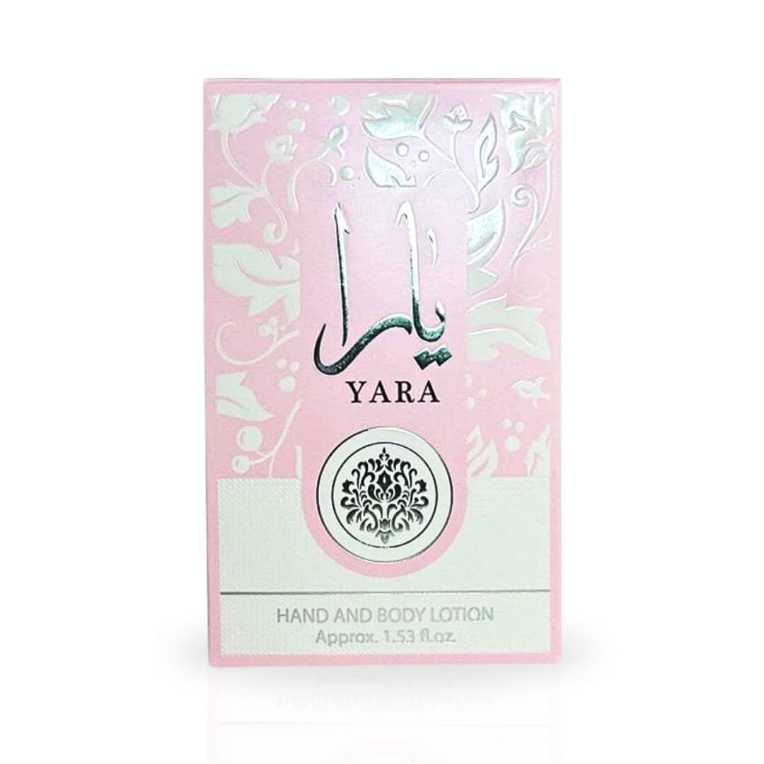 Yara Hand and Body Lotion by Ard Al Zaafaran in a 45ml bottle, featuring smooth lotion texture and elegant packaging.