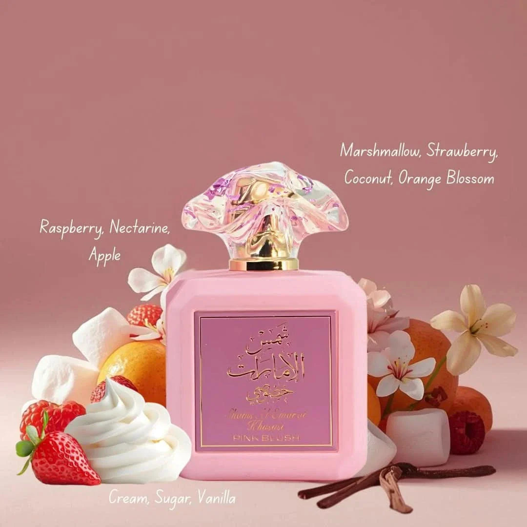 Pink Blush Shams Al Emarat Eau de Parfum by Ard Al Zaafaran in 100ml and 50ml bottles, featuring elegant perfume spray bottles.