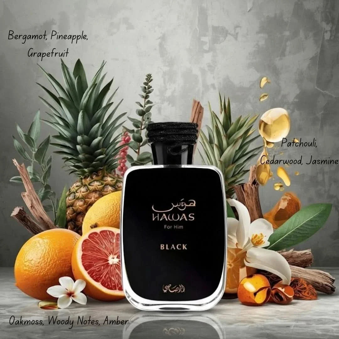 Hawas Black Eau de Parfum spray by Rasasi, 100ml bottle, sleek black packaging, elegant design for men
