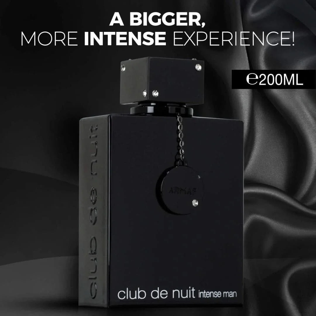 Armaf Club De Nuit Intense Man Eau de Parfum spray bottle, 200ml, with sleek black design and silver accents.