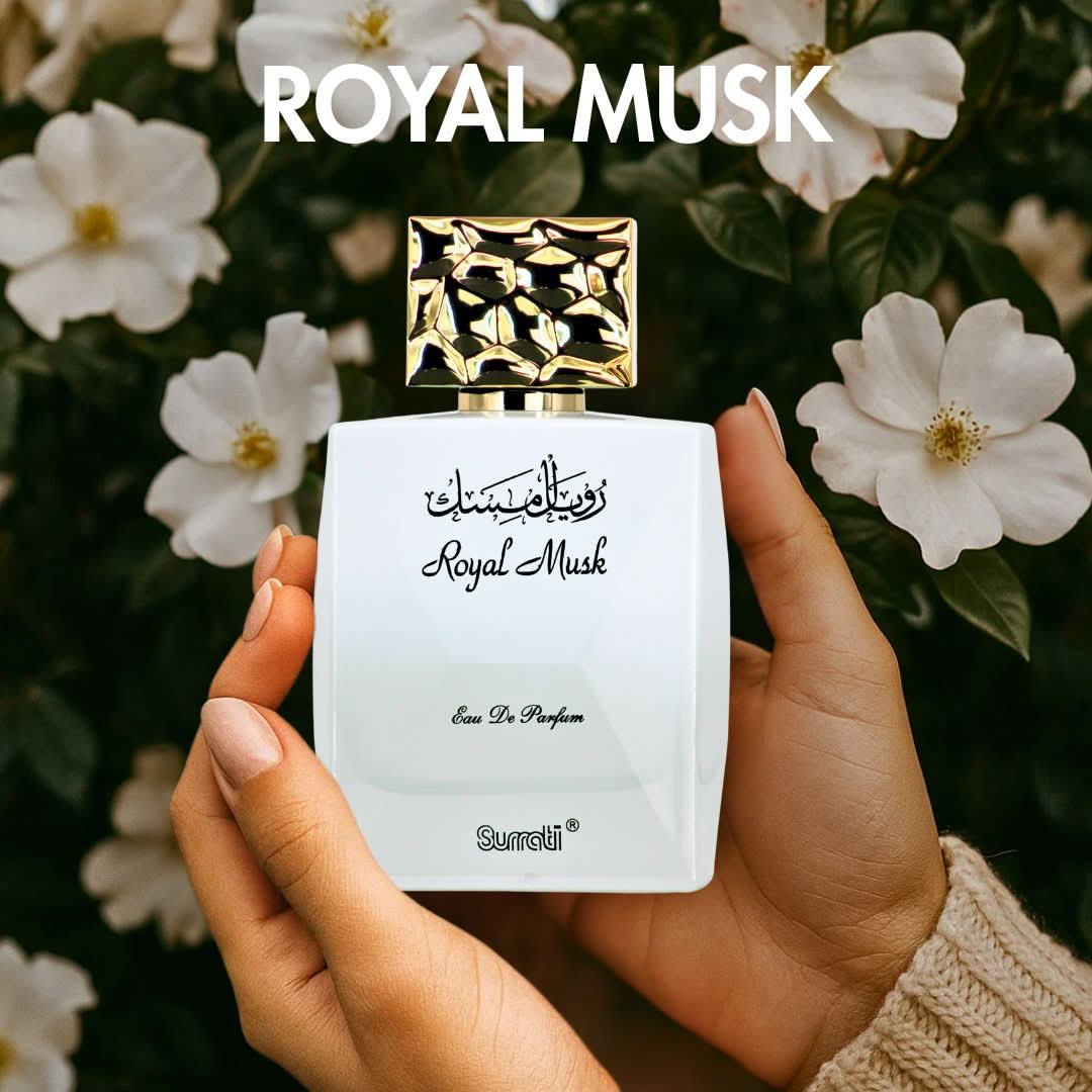 Surrati Royal Musk Eau de Parfum spray bottle 100ml, elegant packaging with a sleek cap and luxurious design.