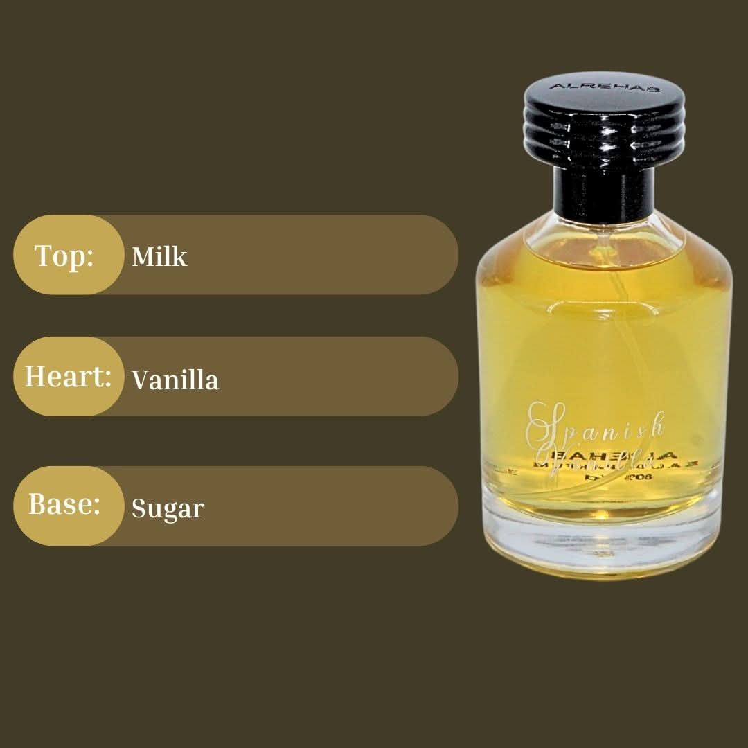 Spanish Vanilla Eau de Parfum spray by Al Rehab, 100ml bottle with elegant packaging and vanilla-scented fragrance.