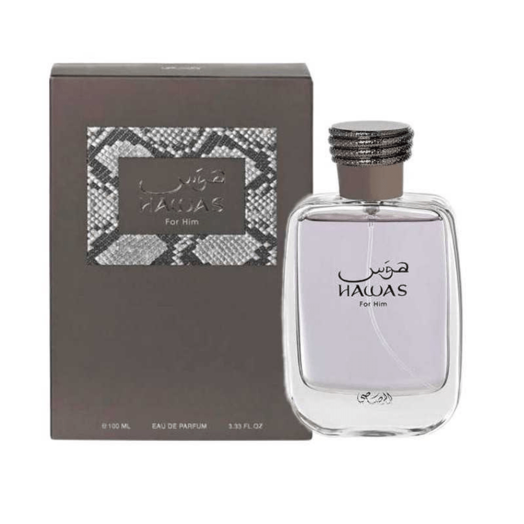 Rasasi Hawas for Men Eau de Parfum spray 100ml bottle with sleek black cap and modern design.