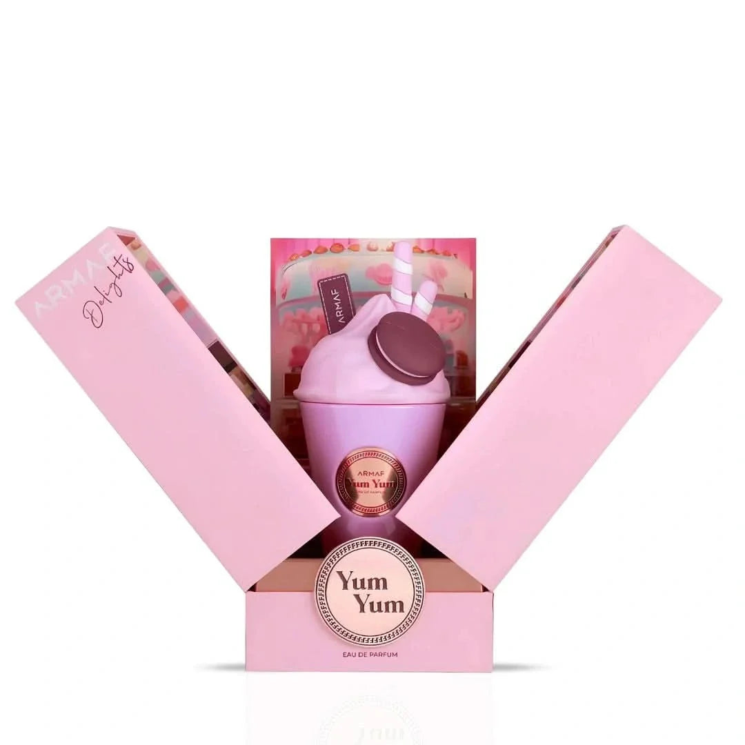 Armaf Delights Yum Yum Eau de Parfum Spray 100ml bottle with elegant design and floral scent packaging.