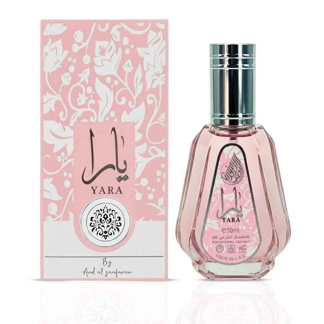 Ard Al Zaafaran perfume bundle featuring Pink Blush Shams Al Emarat 100ml and Yara 50ml Eau de Parfum sprays, elegant bottles.