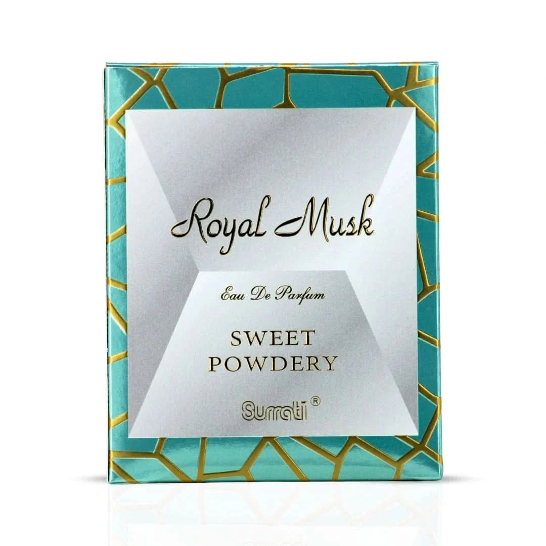 Surrati Royal Musk Sweet Powdery Eau de Parfum spray bottle, 100ml, with elegant packaging and branding.