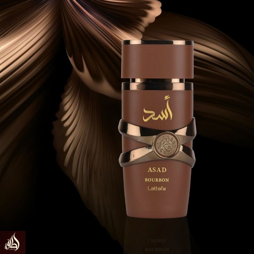 Lattafa Asad Bourbon Eau De Parfum spray bottle, 100ml, with sleek packaging and elegant design.