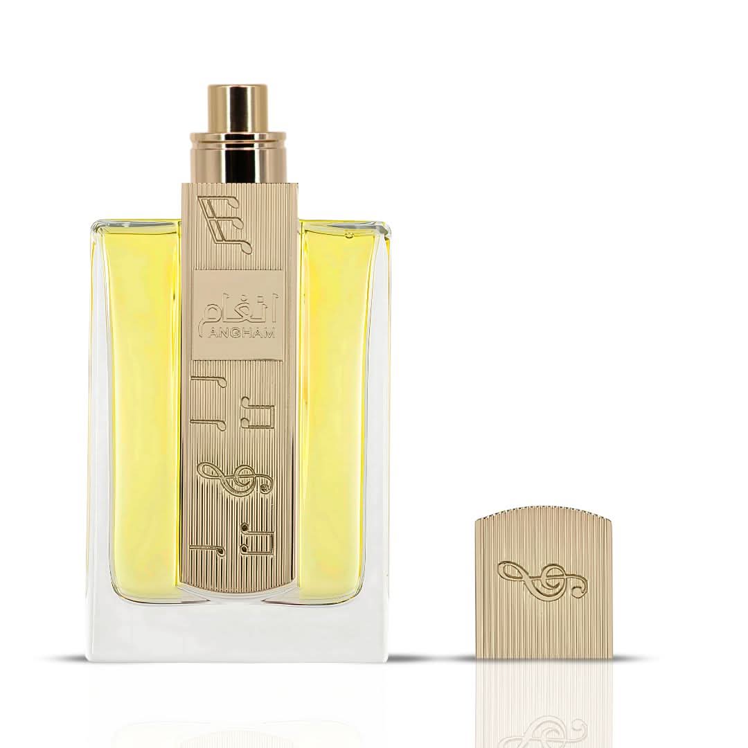 Lattafa Angham Eau de Parfum Spray 100ml, elegant glass bottle with floral and musky fragrance notes, perfume for women.