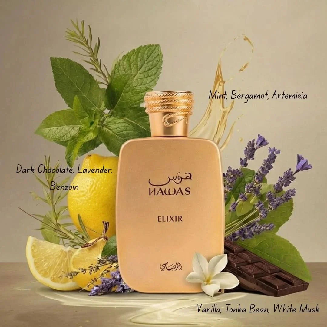 Rasasi Hawas Elixir Eau de Parfum spray 100ml bottle with elegant design, showcasing the fragrance and branding on the packaging.