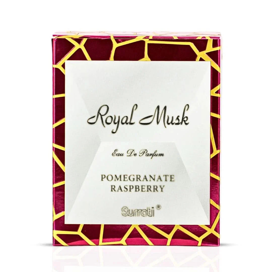 Surrati Royal Musk Pomegranate Raspberry Eau de Parfum spray 100ml bottle with elegant design and floral accents.
