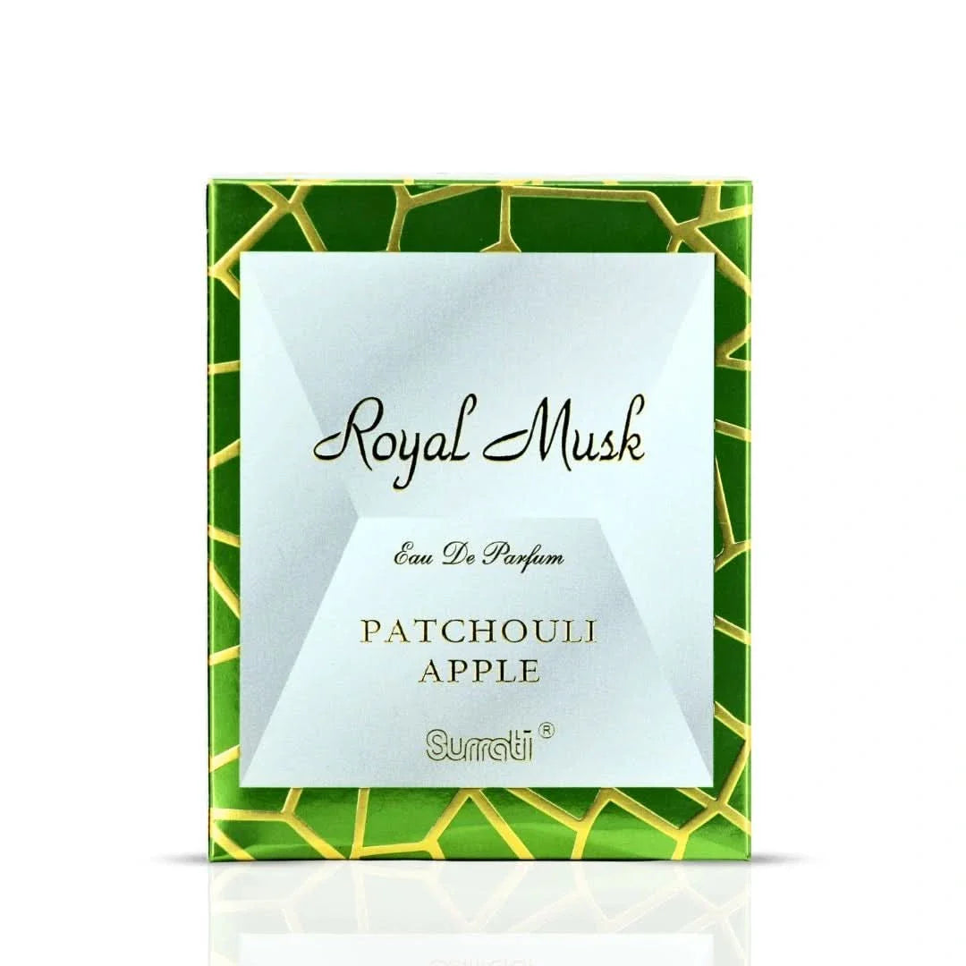 Surrati Royal Musk Patchouli Apple Eau de Parfum spray bottle, 100ml, with elegant packaging and fragrance notes visible.