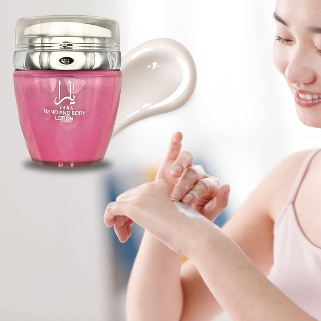 Yara Hand and Body Lotion by Ard Al Zaafaran, 45ml bottle, with smooth lotion texture and elegant packaging.