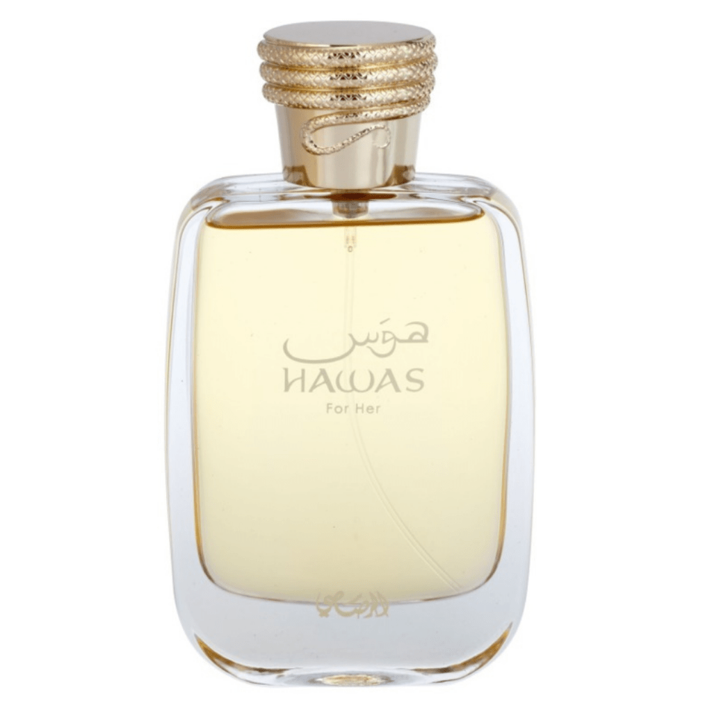 Rasasii Hawas for Her Eau de Parfum spray 100ml with elegant bottle, showcasing the luxurious fragrance design.