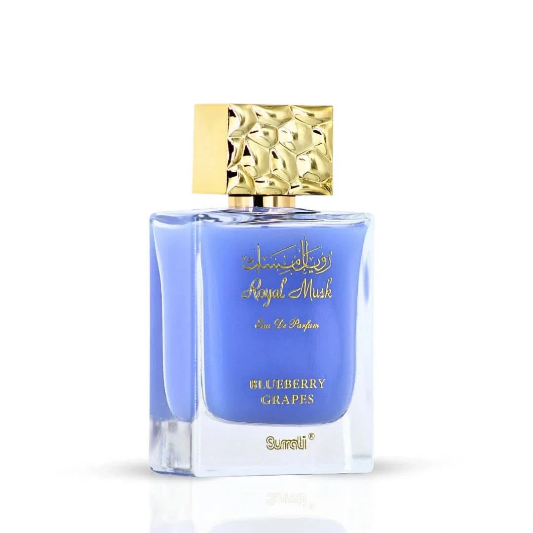Surrati Royal Musk Blueberry Grapes Eau de Parfum spray bottle, 100ml, featuring a sleek design and floral fragrance.