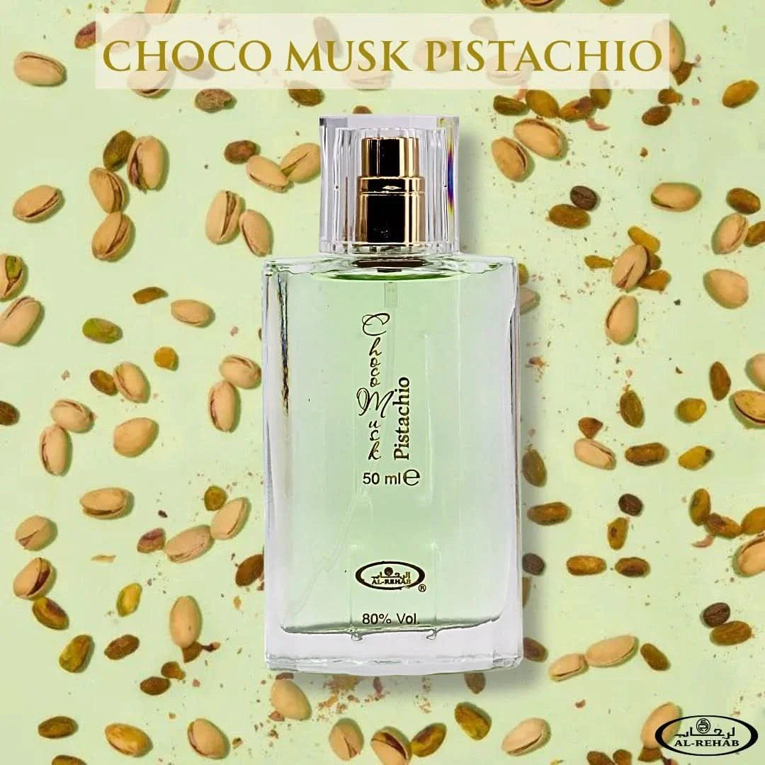 Al Rehab Choco Musk Pistachio Eau de Parfum spray 50ml bottle with a sleek design, showcasing the luxurious fragrance.