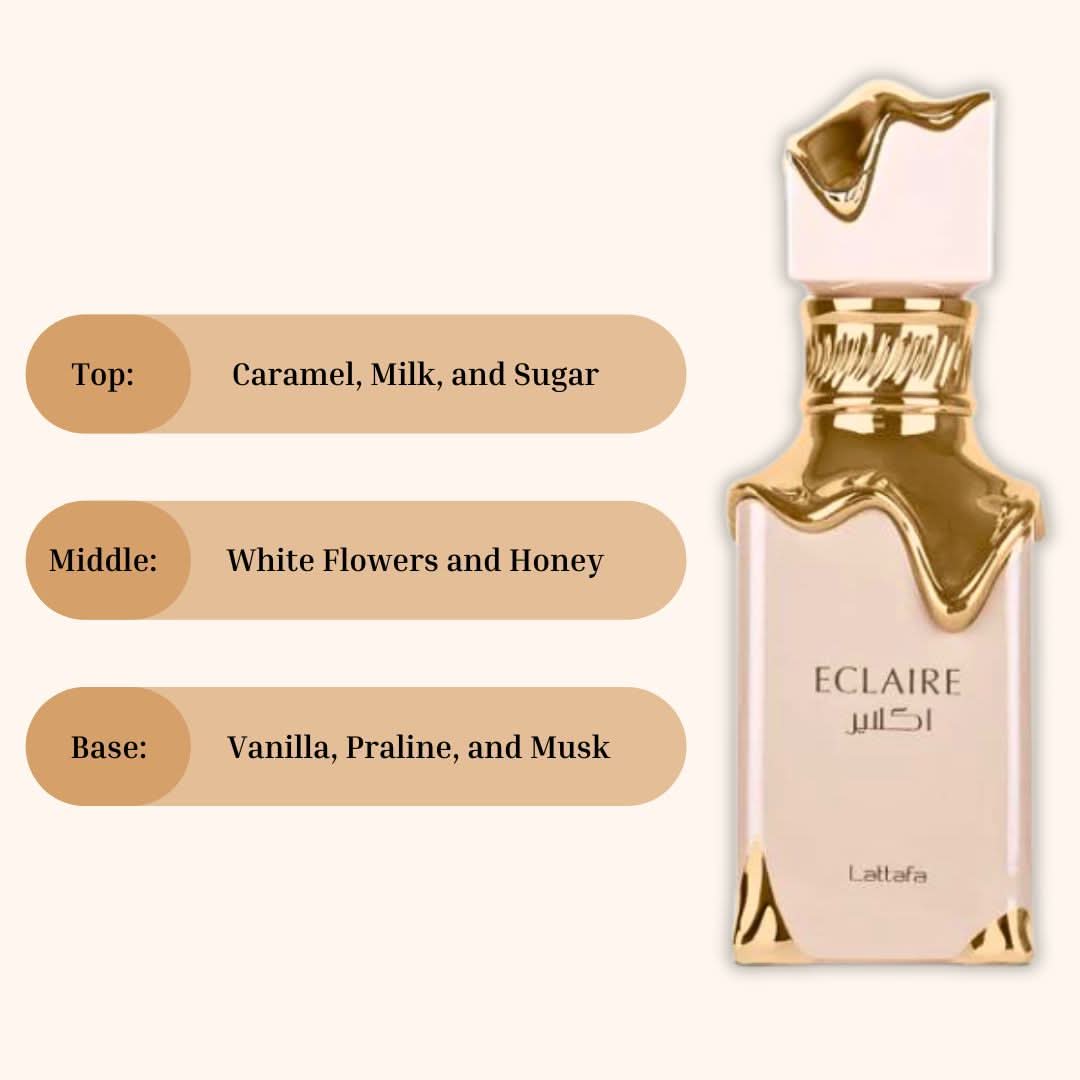 Lattafa Eclaire Eau de Parfum spray 100ml bottle, elegant design with the perfume visibly inside.