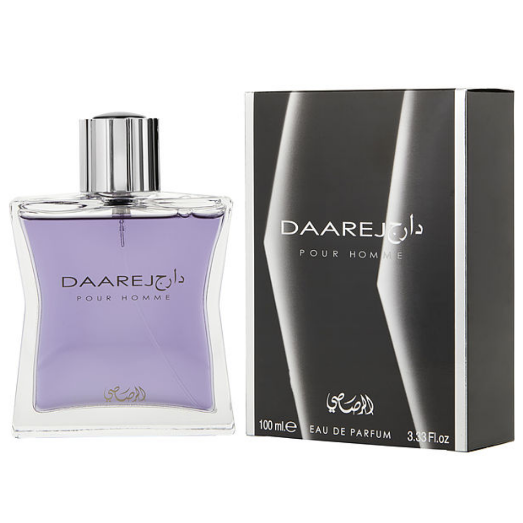 Rasasi Daarej for Men Eau de Parfum spray 100ml with magnetic gift box, featuring elegant perfume bottle and packaging.