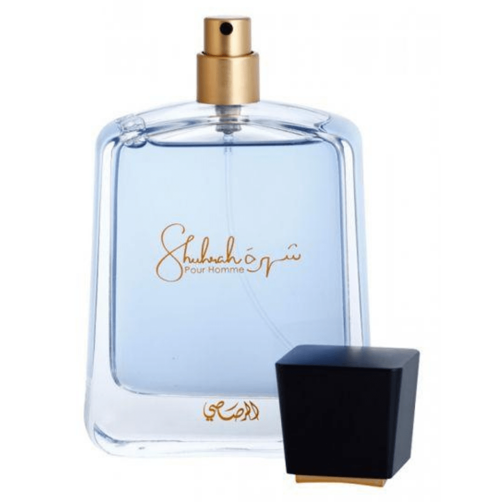 Rasasi Shuhrah Pour Homme Eau de Parfum spray 90ml bottle, masculine fragrance with elegant packaging.