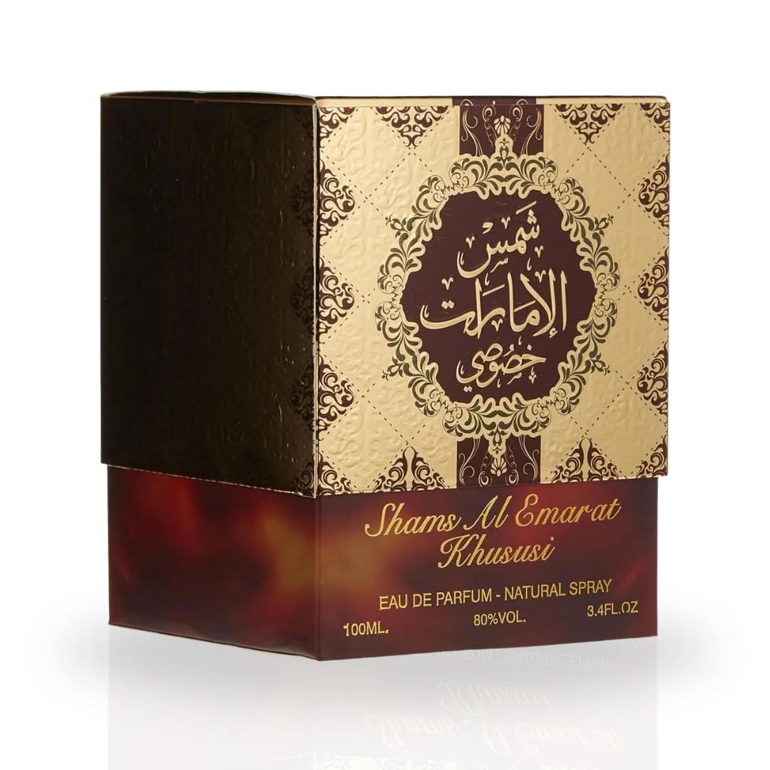 Shams Al Emarat Khususi Eau de Parfum spray by Ard Al Zaafaran, 100ml bottle with elegant packaging and floral fragrance.