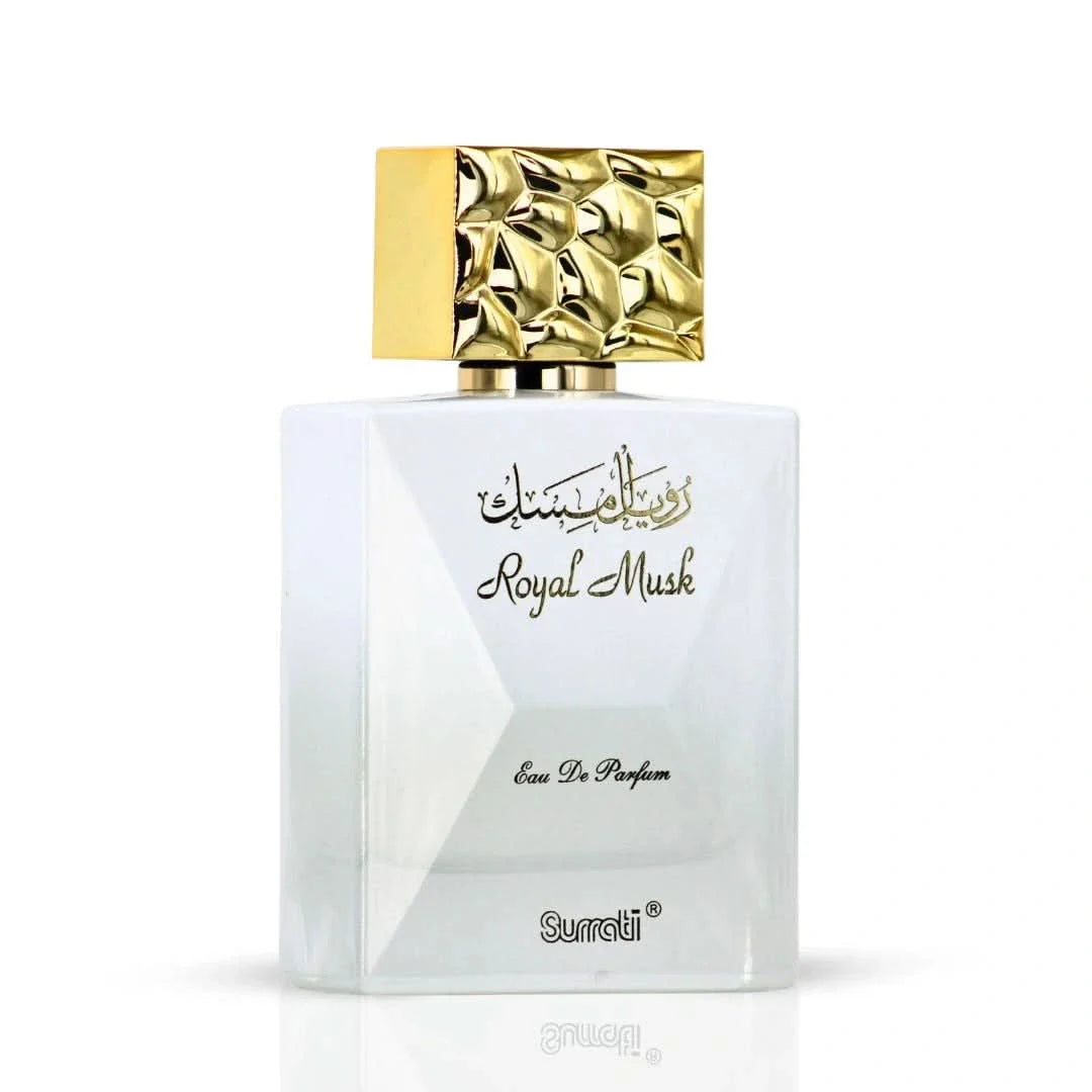 Surrati Royal Musk Eau de Parfum spray 100ml bottle with elegant packaging, showcasing the luxurious fragrance and brand logo.