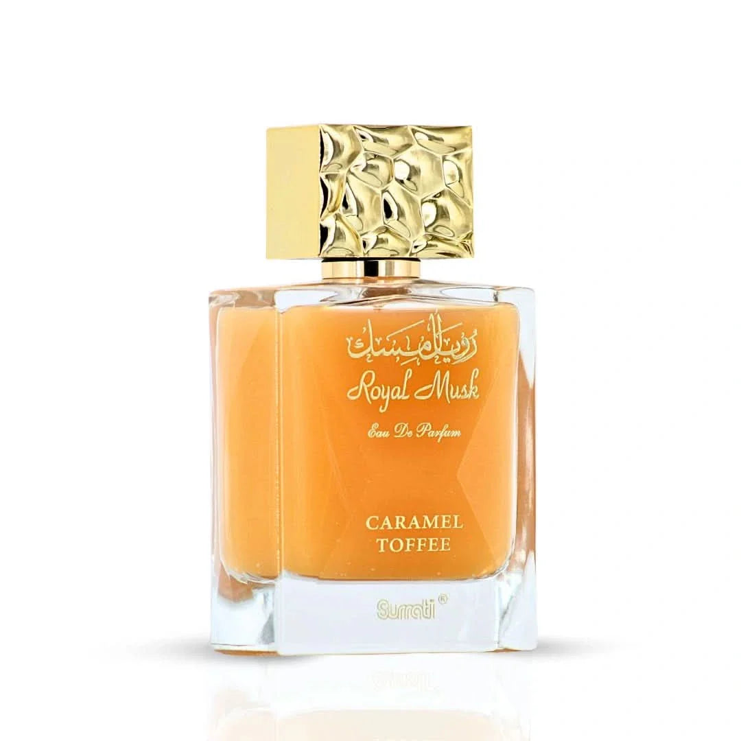 Surrati Royal Musk Caramel Toffee Eau de Parfum spray bottle, 100ml, with luxurious gold and caramel accents on the packaging.