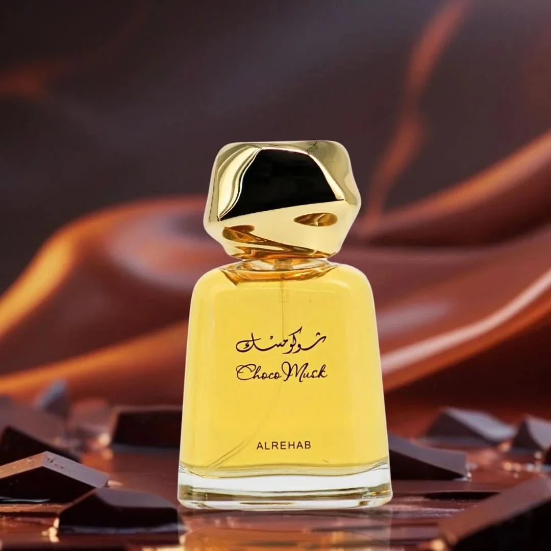 Al Rehab Choco Musk Eau de Parfum spray 100ml, featuring a sleek bottle with a rich chocolate and musk fragrance.