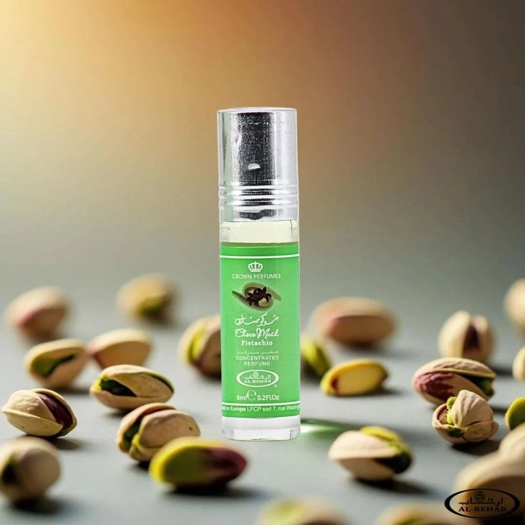 Al Rehab Choco Musk perfume oil bundle with marshmallow and pistachio scents, featuring 6ml bottles and colorful packaging.
