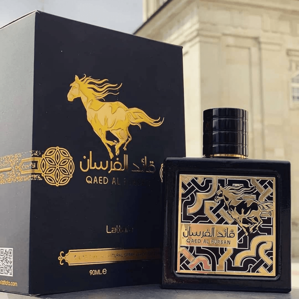 Qaed Al Fursan Eau de Parfum Spray by Lattafa, 90ml bottle, featuring elegant packaging and the fragrance bottle design.
