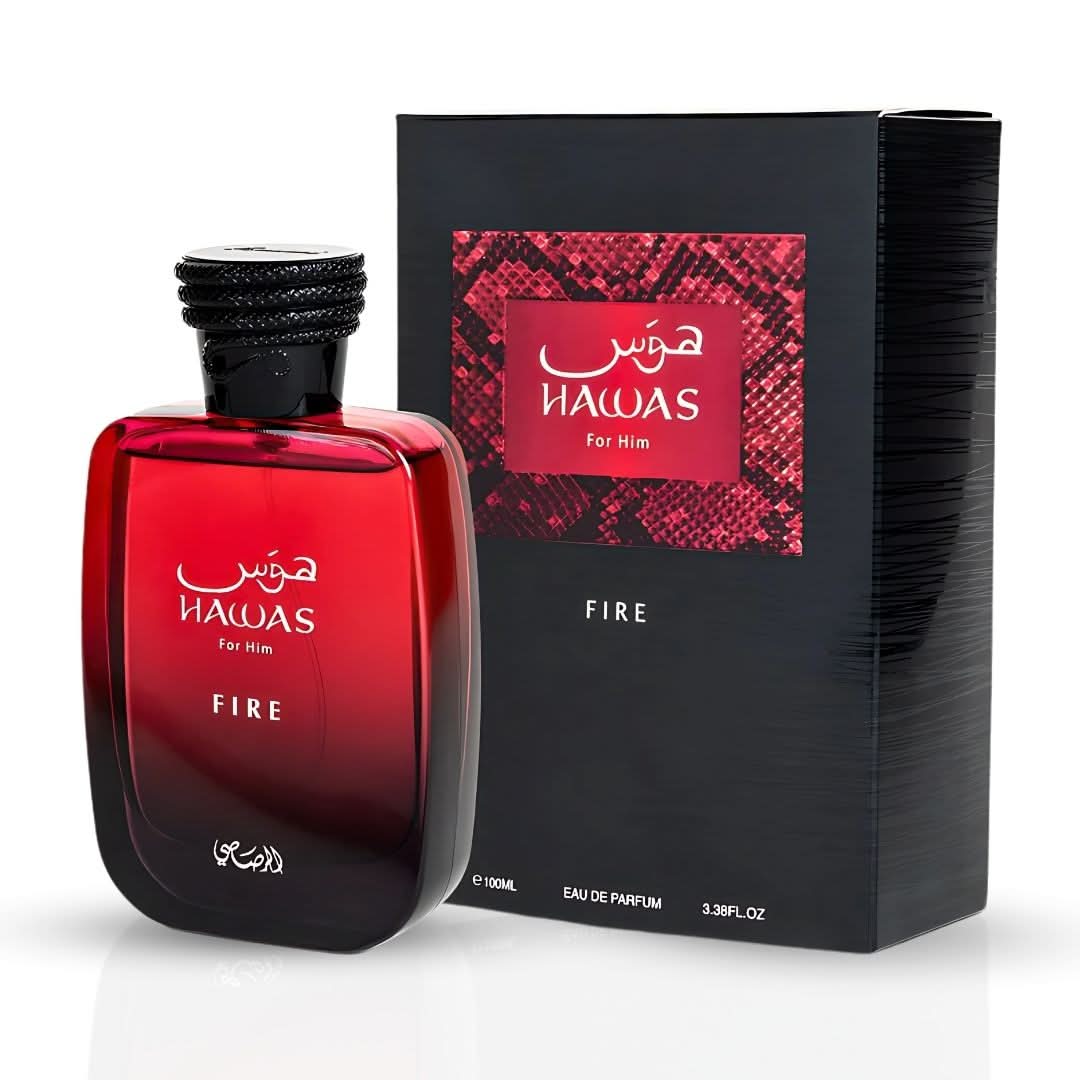 Rasasii Hawas Fire for Him Eau de Parfum spray 100ml bottle with sleek design, showcasing the Rasasi fragrance for men.