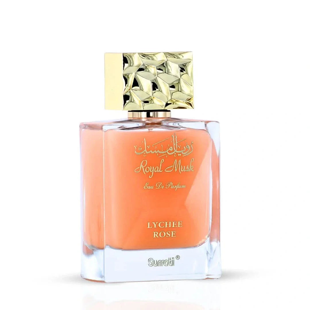 Surrati Royal Musk Lychee Rose Eau de Parfum spray 100ml bottle with floral and musk notes, elegant perfume packaging.