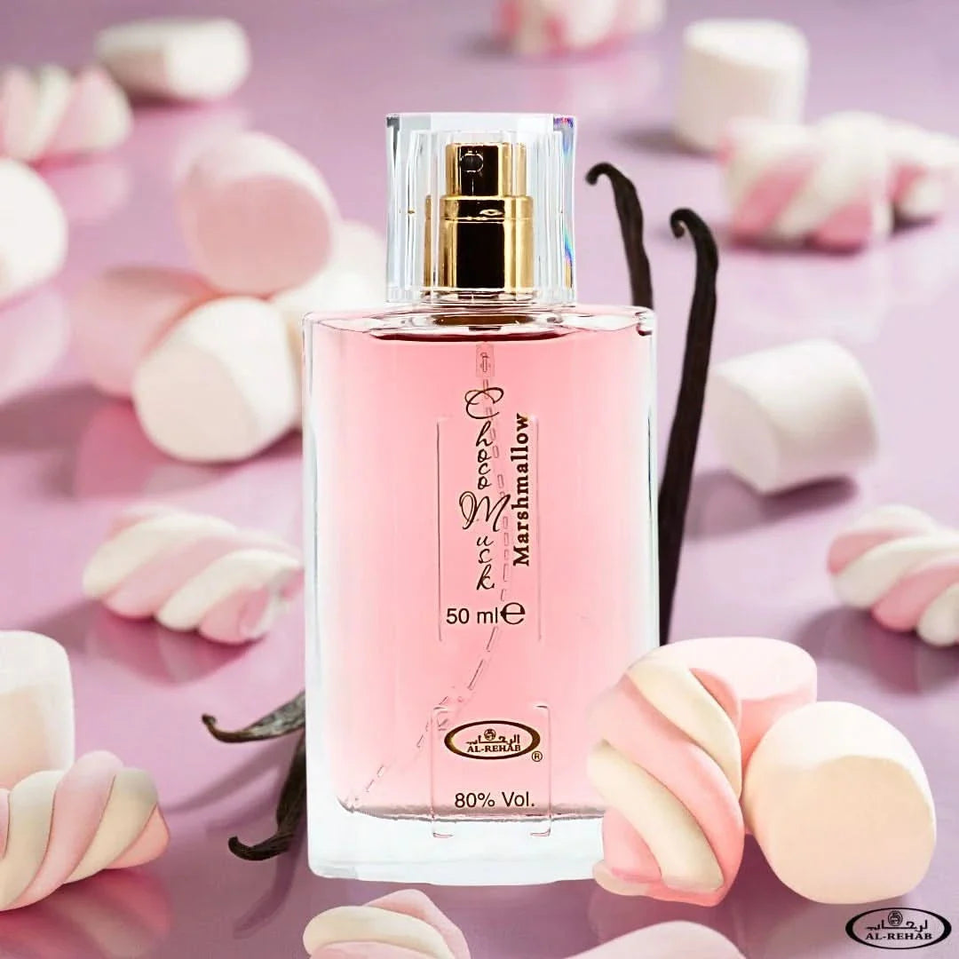 Al Rehab Choco Musk Marshmallow Eau De Parfum Spray 50ml, elegant bottle with a luxurious fragrance for women and men.