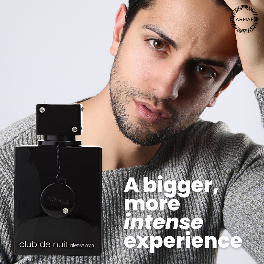 Armaf Club De Nuit Intense for Men Eau de Toilette spray 105ml, featuring a sleek bottle and dark fragrance liquid.